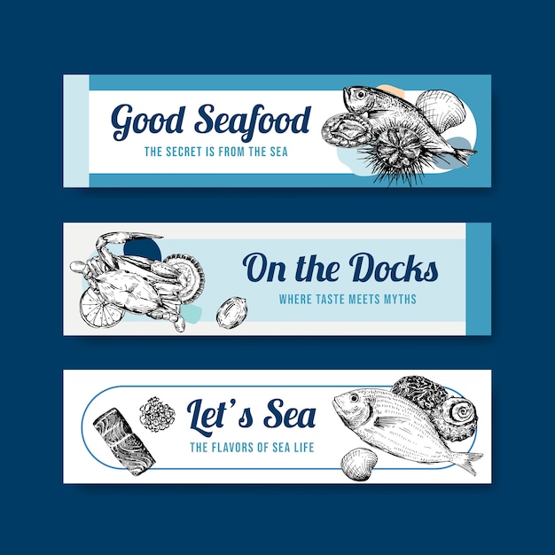 Бесплатное векторное изображение Шаблон баннера с концептуальным дизайном морепродуктов для рекламы и иллюстрации брошюры
