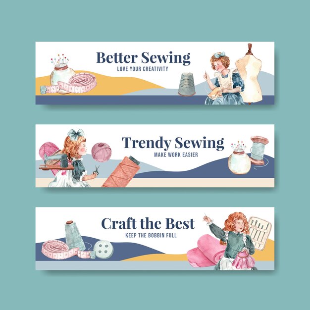 Banner template with sewing concept design   watercolor   illustration.