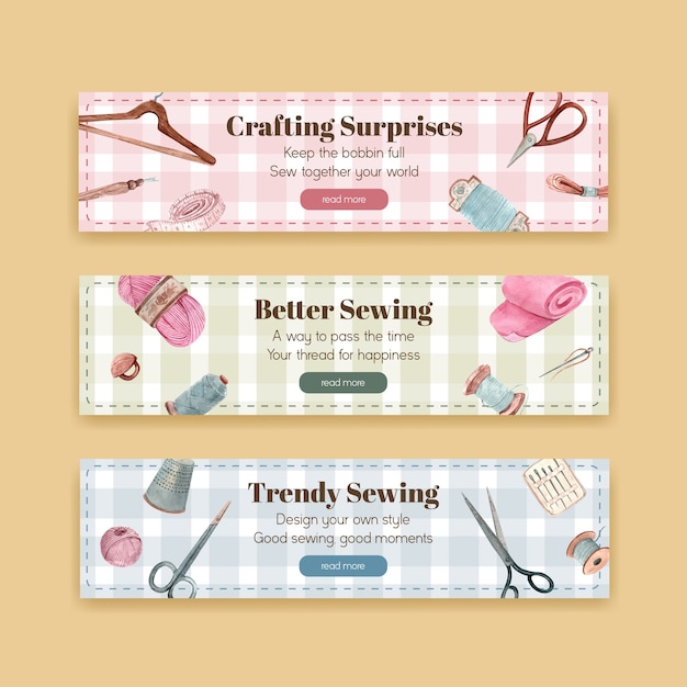 Free vector banner template with sewing concept design   watercolor   illustration.