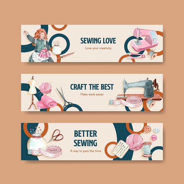 Free vector banner template with sewing concept design   watercolor   illustration.