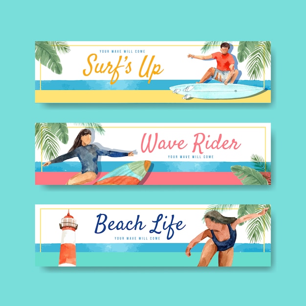 Modello di banner con tavole da surf in spiaggia