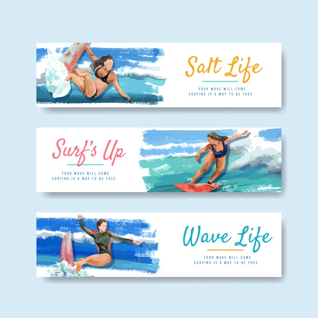 Modello di banner con tavole da surf in spiaggia