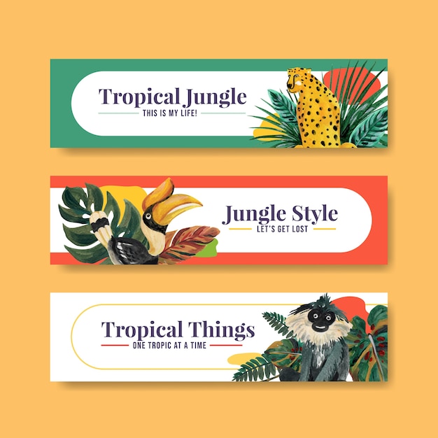 Modello di banner con concept design contemporaneo tropicale per pubblicità e marketing illustrazione dell'acquerello