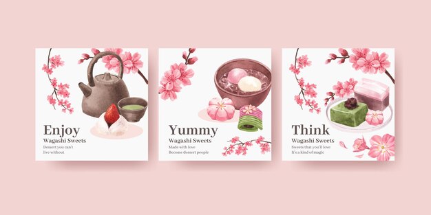 Modello di banner con dessert giapponese wagashi in stile acquerello