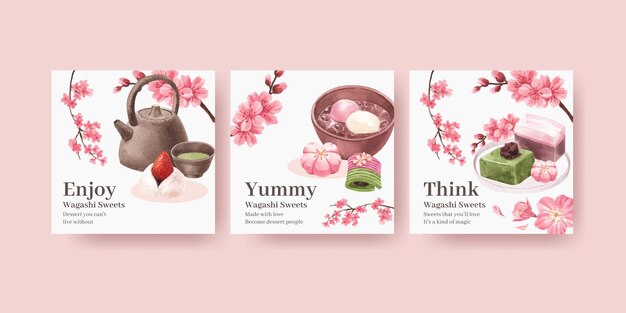 Banner template with wagashi Japanese dessert in watercolor style