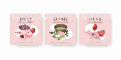 Free vector banner template with wagashi japanese dessert in watercolor style