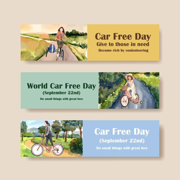 Banner template with World Car Free Day concept design for advertise and brochure watercolor vector.