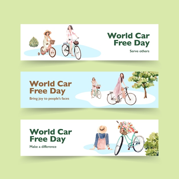 Free vector banner template with world car free day concept design for advertise and brochure watercolor vector.