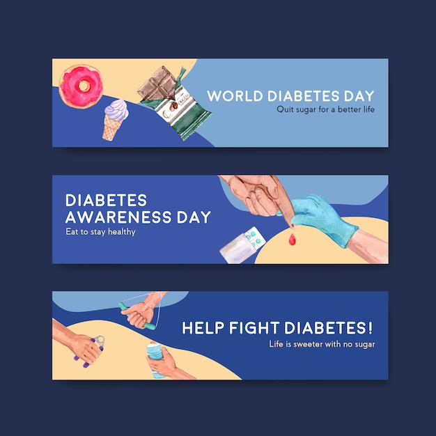 Modello di banner con concept design giornata mondiale del diabete per pubblicizzare e commercializzare illustrazione vettoriale acquerello.