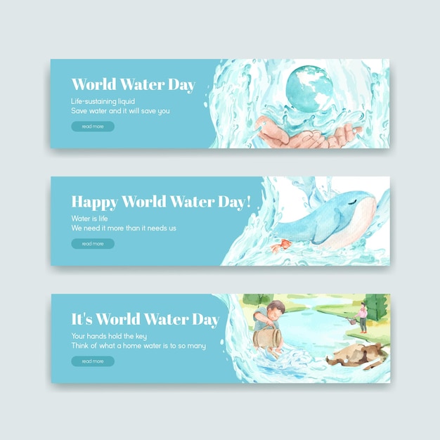 Free vector banner template with world water day concept design for advertise and marketing watercolor illustration