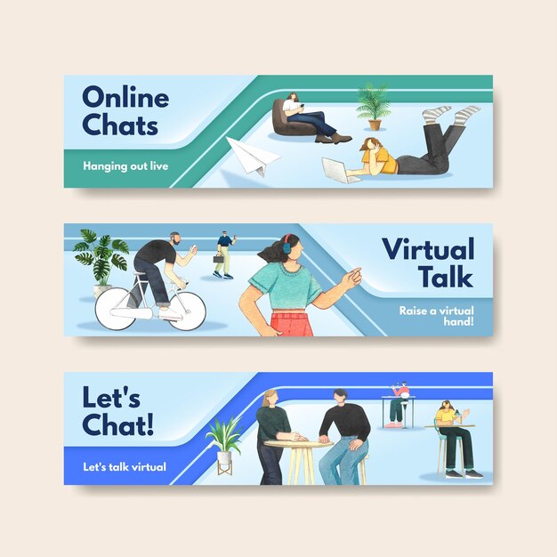 Banner templates set with live conversation concept ,watercolor style