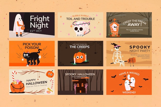 Vettore gratuito vettore di modelli di banner, set di illustrazioni di halloween carino