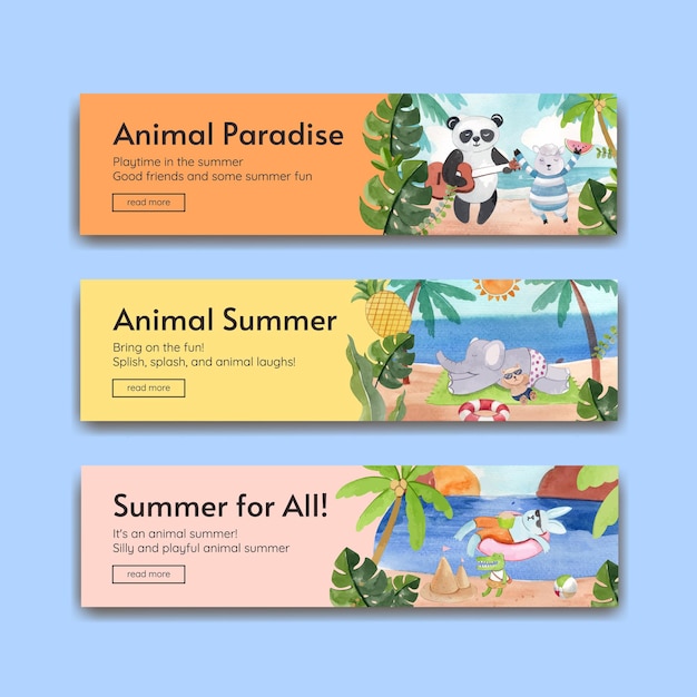 Modelli di banner con animali in estate in stile acquerello