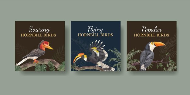Free vector banner templates with hornbill bird in watercolor style