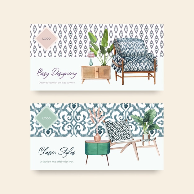 Free vector banner templates with ikat concept in watercolor style