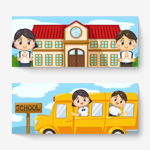 Free vector banner of thai boy and girl wearing student uniform and school bag