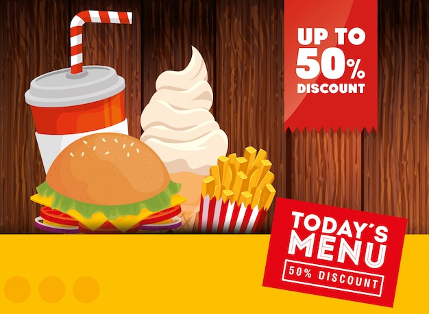 Vettore gratuito banner di oggi menu fast food sconto cinquanta