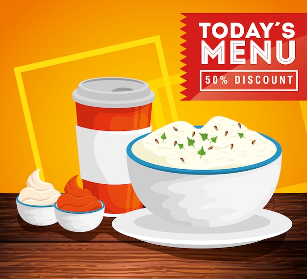 Banner of today menu with fifty discount and delicious food