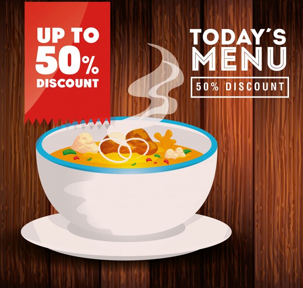 banner of today menu with soup and fifty discount   