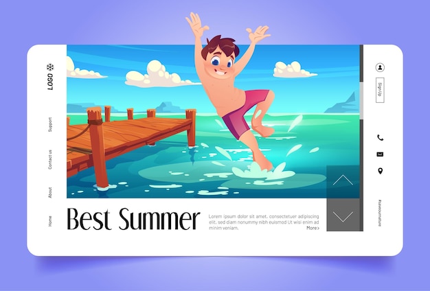 木製の桟橋から水に飛び込む少年とバナー