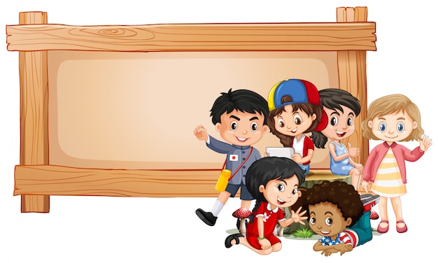 Free vector banner with children and wooden frame