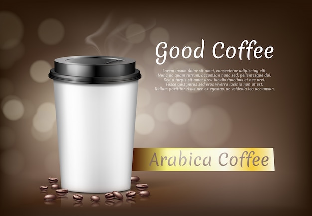 Banner con tazza di caffè arabica per andare e fagioli, contenitore di cartone per bevanda calda