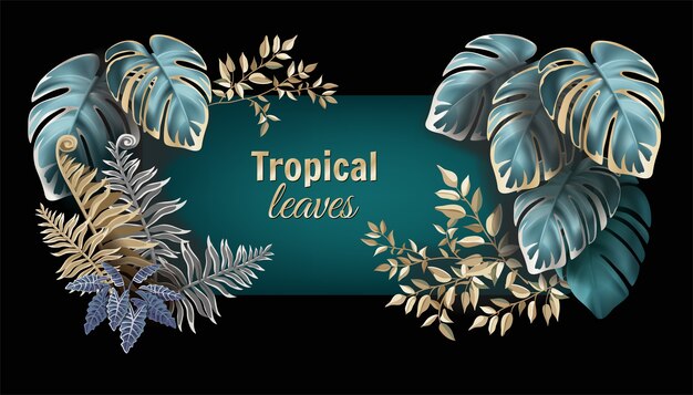 Banner with dark leaves palms and lianas.