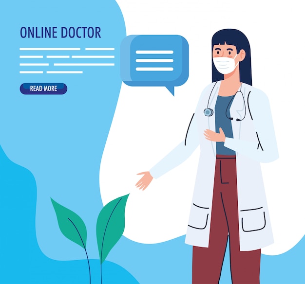 Free vector banner with doctor female using face mask