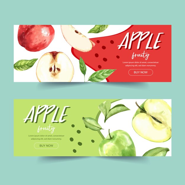 Banner with green and several types of apple concept, colorful themed illustration template.