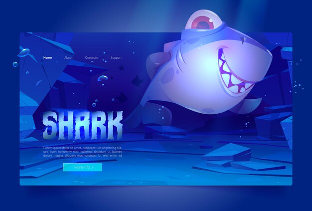 Banner with happy shark under water in ocean