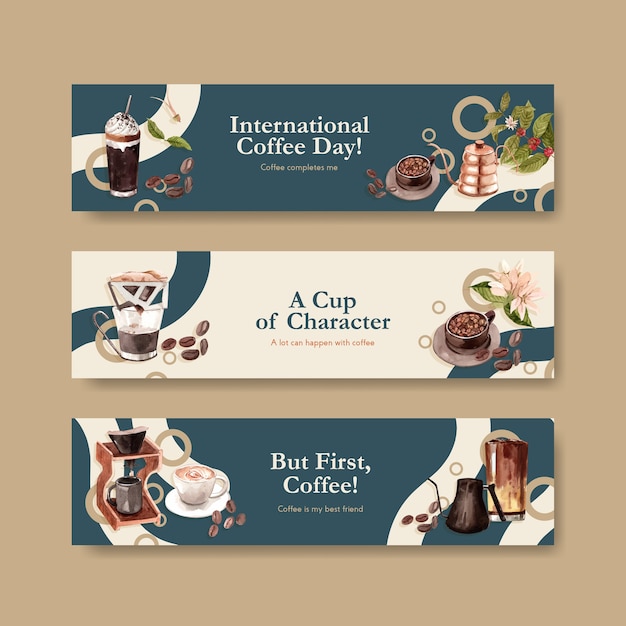 Banner con concept design della giornata internazionale del caffè per pubblicità e marketing ad acquerello