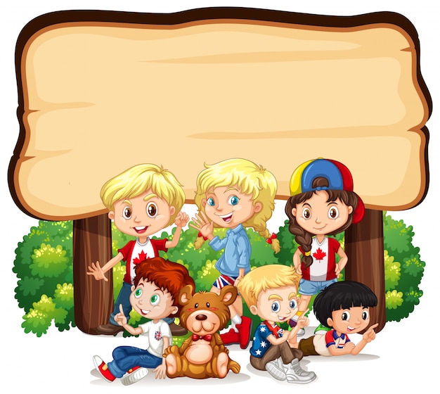 Free vector banner with kids under wooden sign