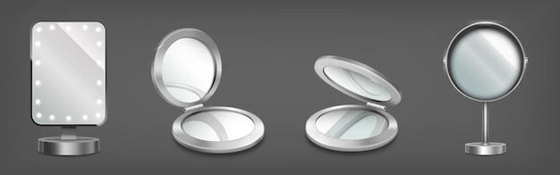 Free vector banner with makeup mirrors on stand and in compact circle boxes.