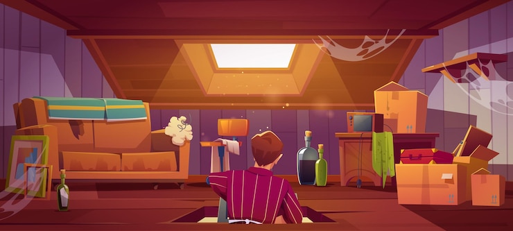 Free Vector banner with man sitting in attic with old things and furniture