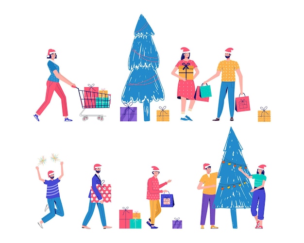 Баннер с людьми с людьми, держащими хозяйственную сумку для большой рождественской распродажи. мужчины и женщины покупают подарки. векторные иллюстрации в модном стиле мультфильмов. вектор для рекламы, купон или ваучер