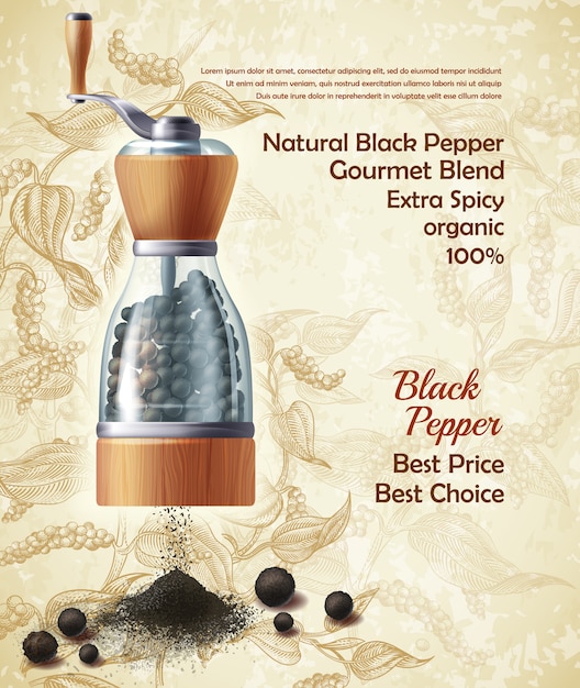 Free vector banner with pepper mill, filled with black peppercorns on textured background.