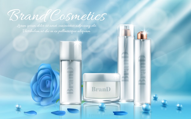 Free vector banner with set of bottles and jars for facial mask, hand cream, body lotion, hair spray