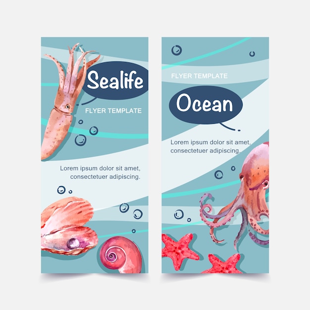 Banner with squid and other types of sealife, contrast color illustration template.