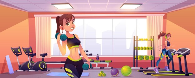 ジムで運動する若い女性とバナー