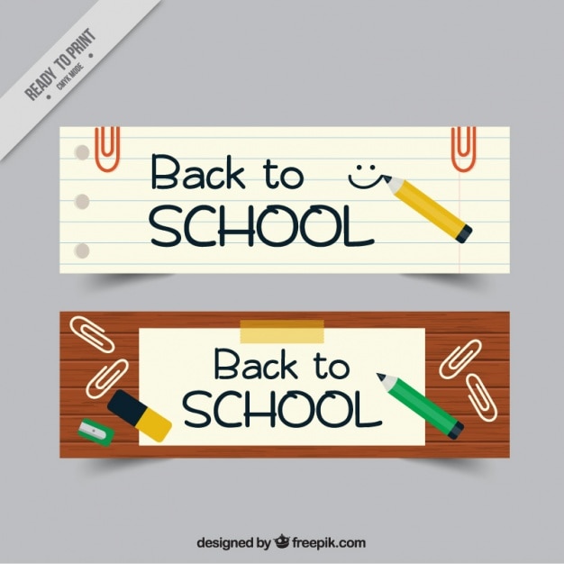 Free vector banners for back to school with pencils and clips