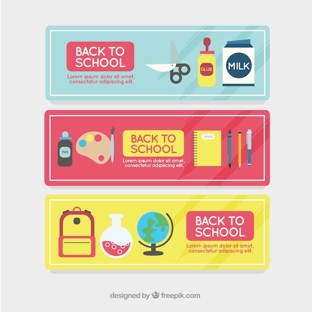 Free vector banners for back to school with school supplies