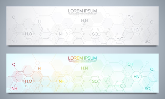 バナーは 抽象的な化学背景と化学式のテンプレートをデザインします 科学と革新の技術コンセプト プレミアムベクター