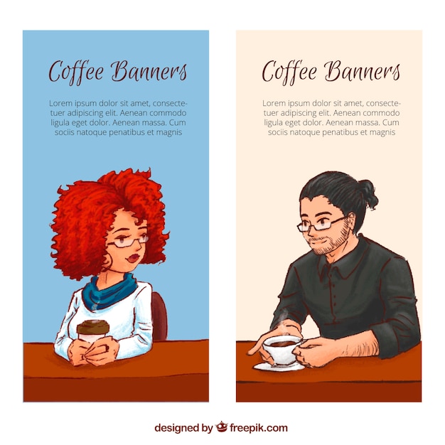 Free vector banners of hand drawn people drinking coffee