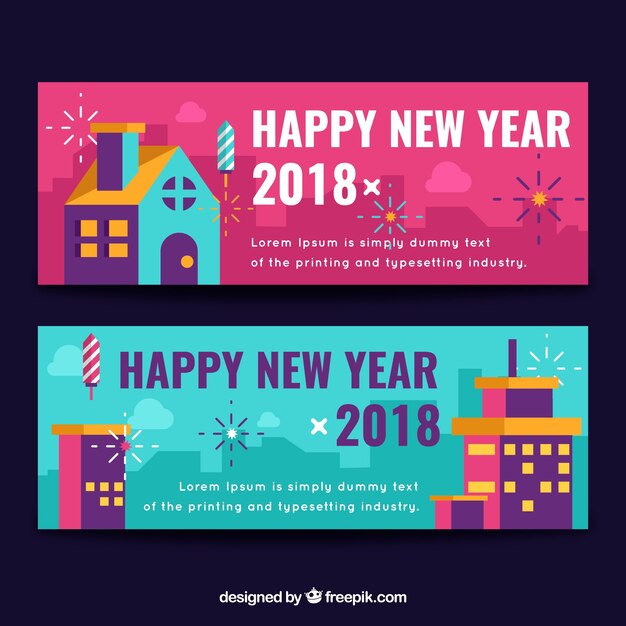 Баннеры счастливого нового года 2018 года в плоском дизайне