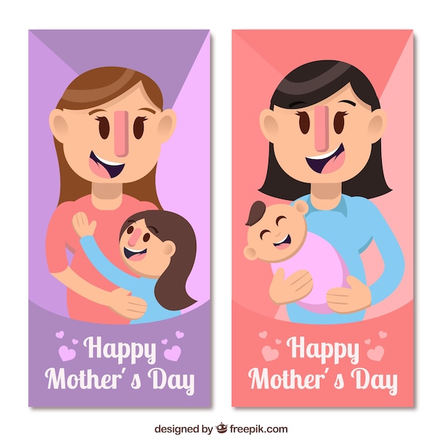 Banners of happy women with kids for mother's day