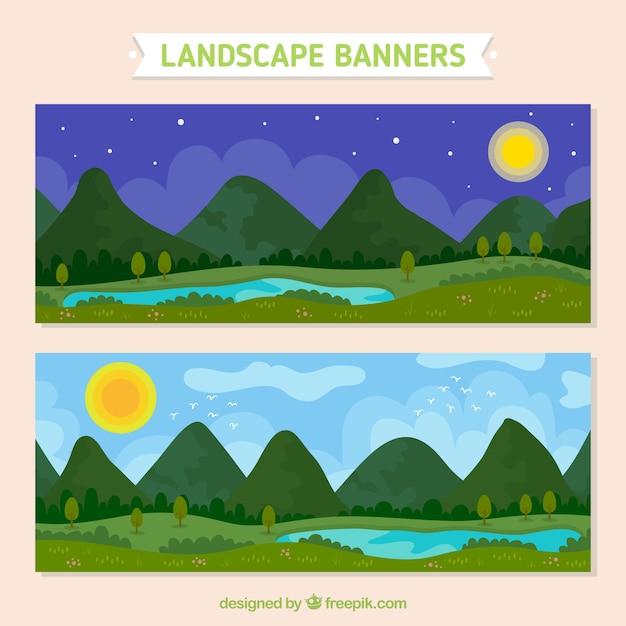 Free vector banners of nighttime and day time landscape