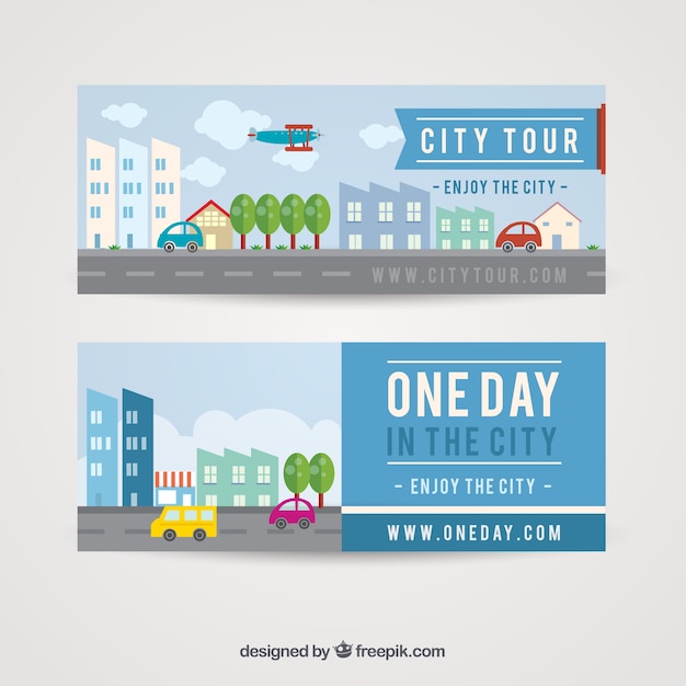 無料ベクター banners of buildings and cars in flat design