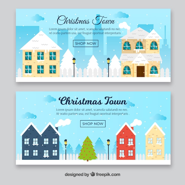 Free vector banners of pretty houses and christmas tree