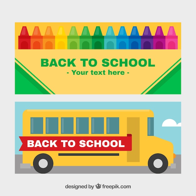 Free vector banners of school bus and crayons