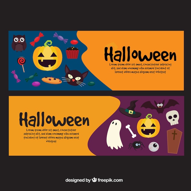 Banners with different elements of halloween